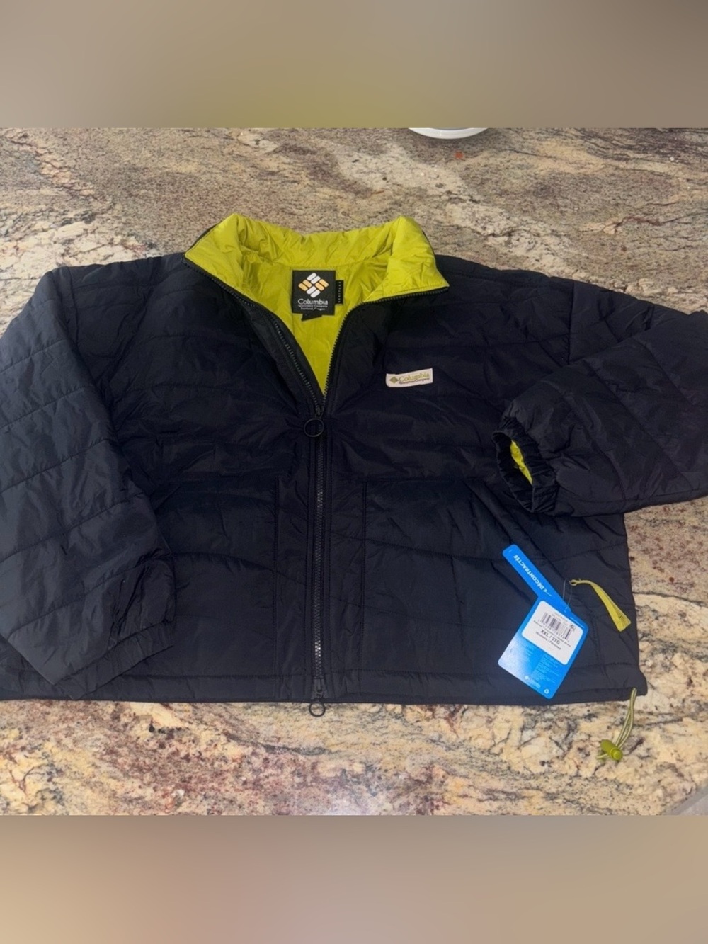 Columbia Black Puffer Jacket with Lime Green Lining